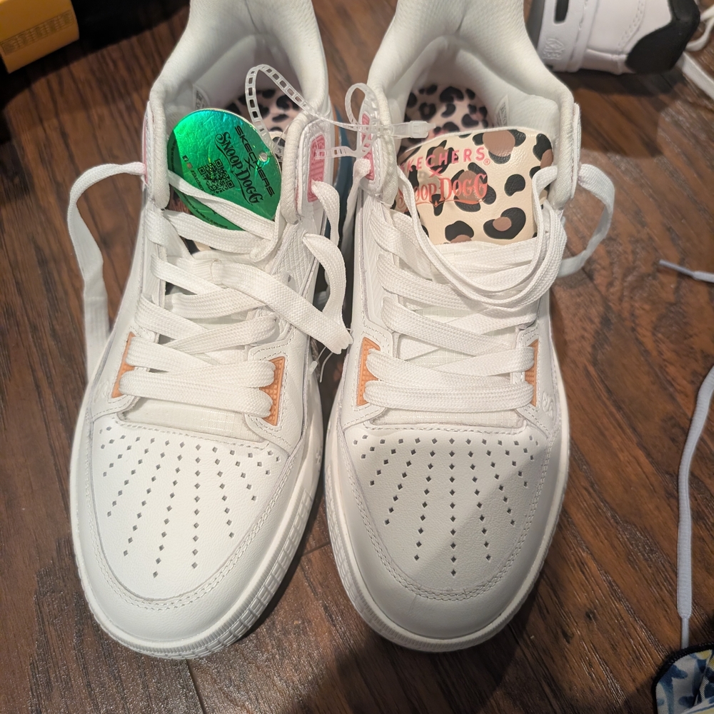 White Sneakers with Leopard Print Detail